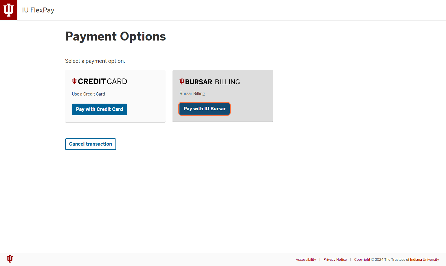 You can also choose to Pay with IU Bursar on the Payment Options screen.